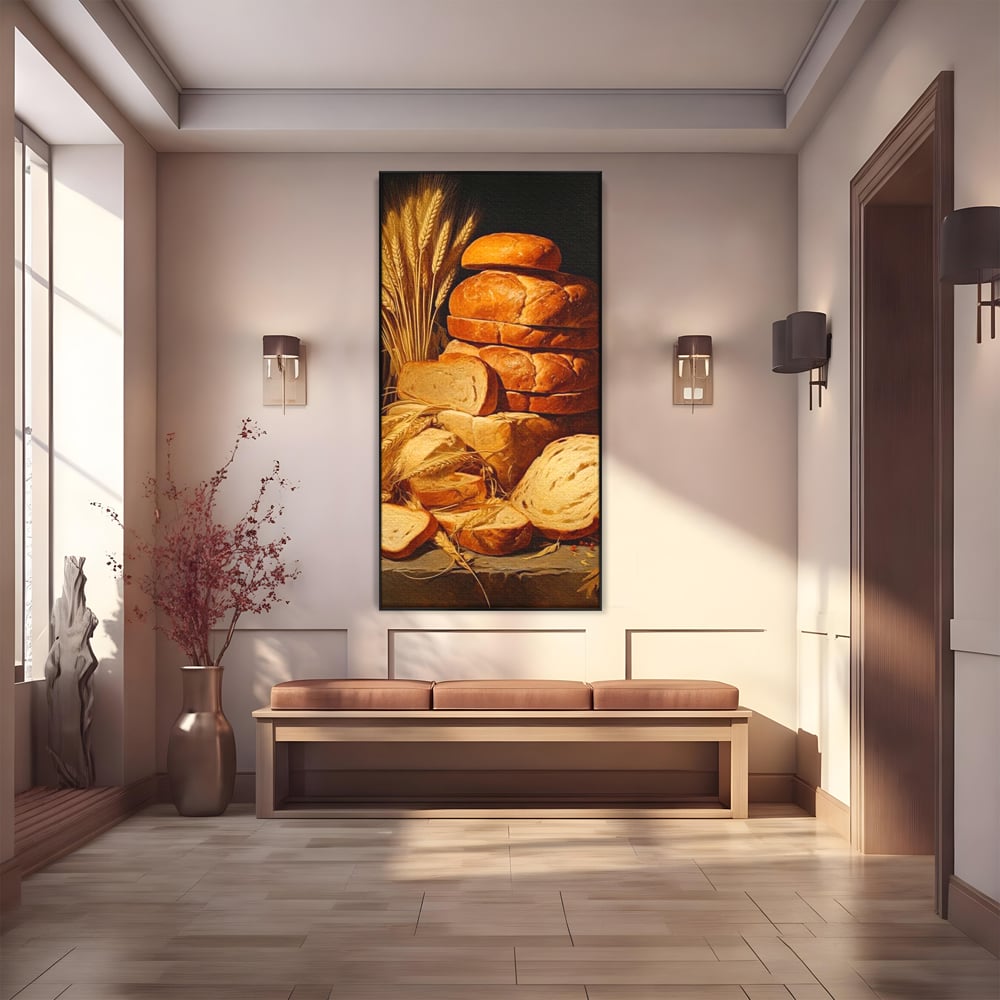 Tablou canvas cu natura moarta cu paine si grau, in rama de aluminiu negru